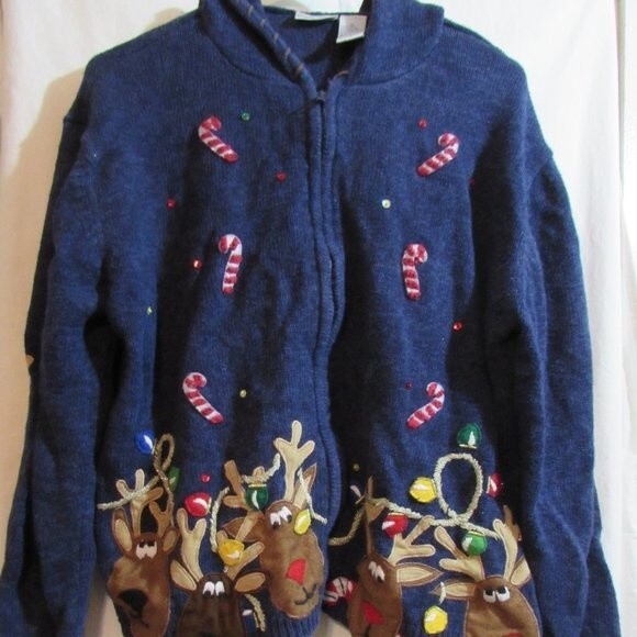 FASHION BUG SIZE XL WOMEN'S CHRISTMAS SWEATER HOODED ZIP FRONT BLUE REINDEER - Picture 1 of 9